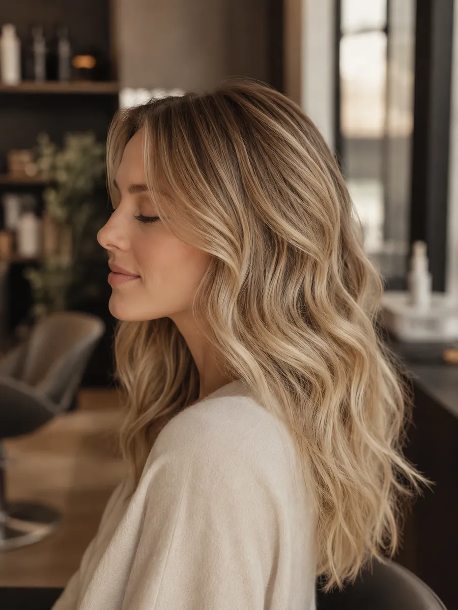 Side profile, dimensional blonde waves